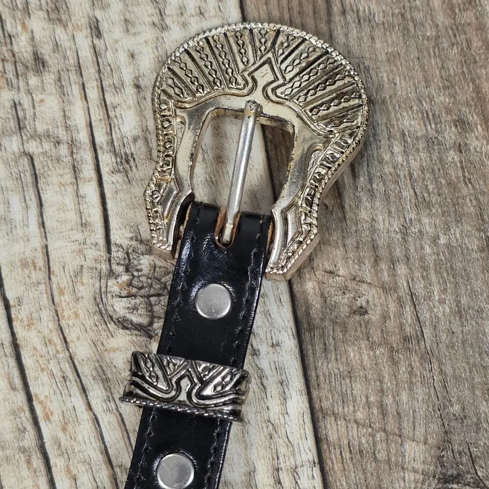 Vintage Black Leather Western Belt Size 34 Silver Buckle Distressed Cowboy